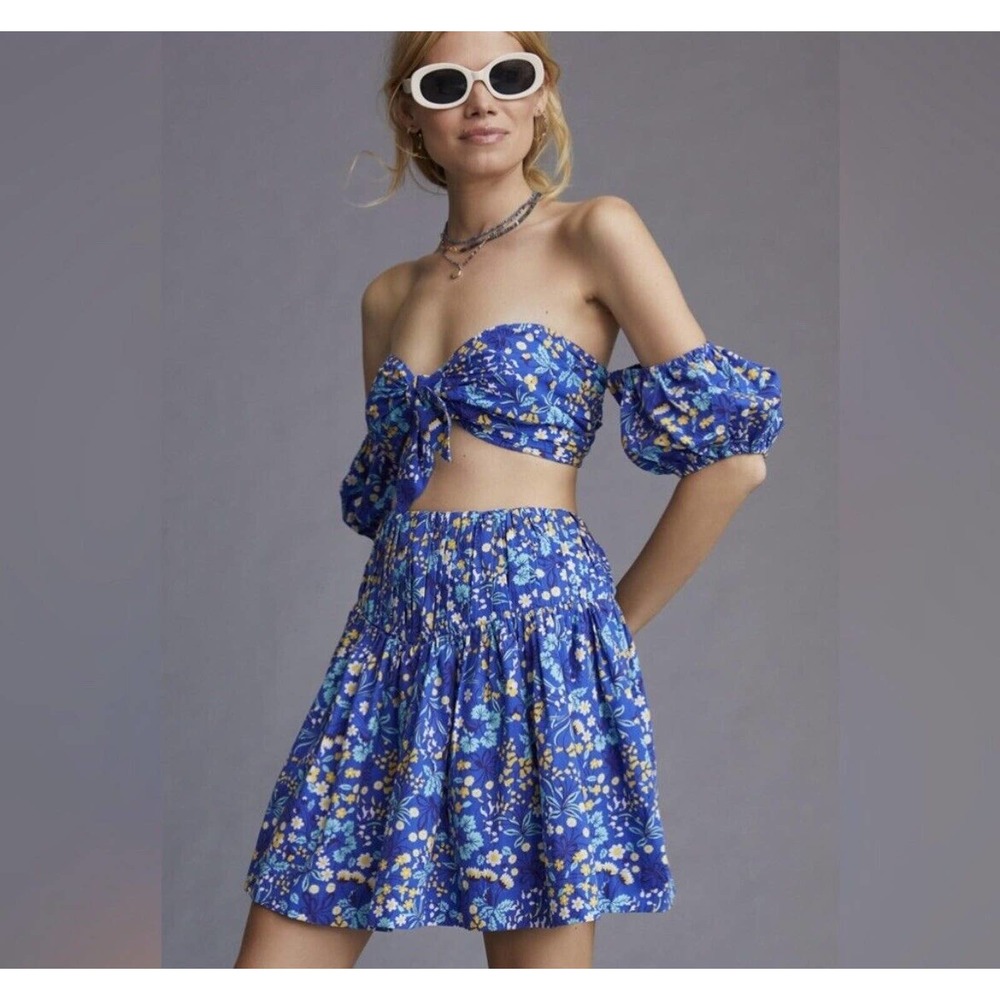 Anthropologie Maeve Skirt Womens Small Blue Floral Zip Pockets A-Line Boho